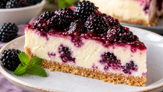 Dieser cremige Cheesecake mit Frischkäse, Joghurt und frischen Brombeeren ist ein einfaches und köstliches Dessert für jeden Anlass. Der knusprige Boden aus Butterkeksen und Haferflocken harmoniert perfekt mit der leichten Zitronennote der Creme und der natürlichen Süße von Honig. Durch die fruchtigen Brombeeren erhält der Kuchen eine erfrischende, leicht säuerliche Note, die ihn besonders sommerlich macht. Der Cheesecake wird ohne komplizierte Zutaten zubereitet und eignet sich ideal für Anfänger und alle, die ein schnelles, aber beeindruckendes Dessert suchen. Ob für Familie, Gäste oder als süße Belohnung zwischendurch – dieser Kuchen überzeugt durch seine cremige Konsistenz und den ausgewogenen Geschmack. Ein perfektes Rezept für alle, die einen fruchtigen, leichten Cheesecake mit Brombeeren rezept